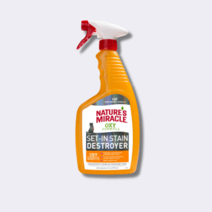 Nature’s Miracle® Oxy Formula Set-In Stain Destroyer es un destructor de manchas que se refresca con un ligero aroma a naranja! Este producto no solo es un quitamanchas incorporado, sino que también tiene una fórmula para controlar el olor del gato. La fórmula concentrada de oxígeno penetra, separa y levanta las manchas y los olores incrustados.